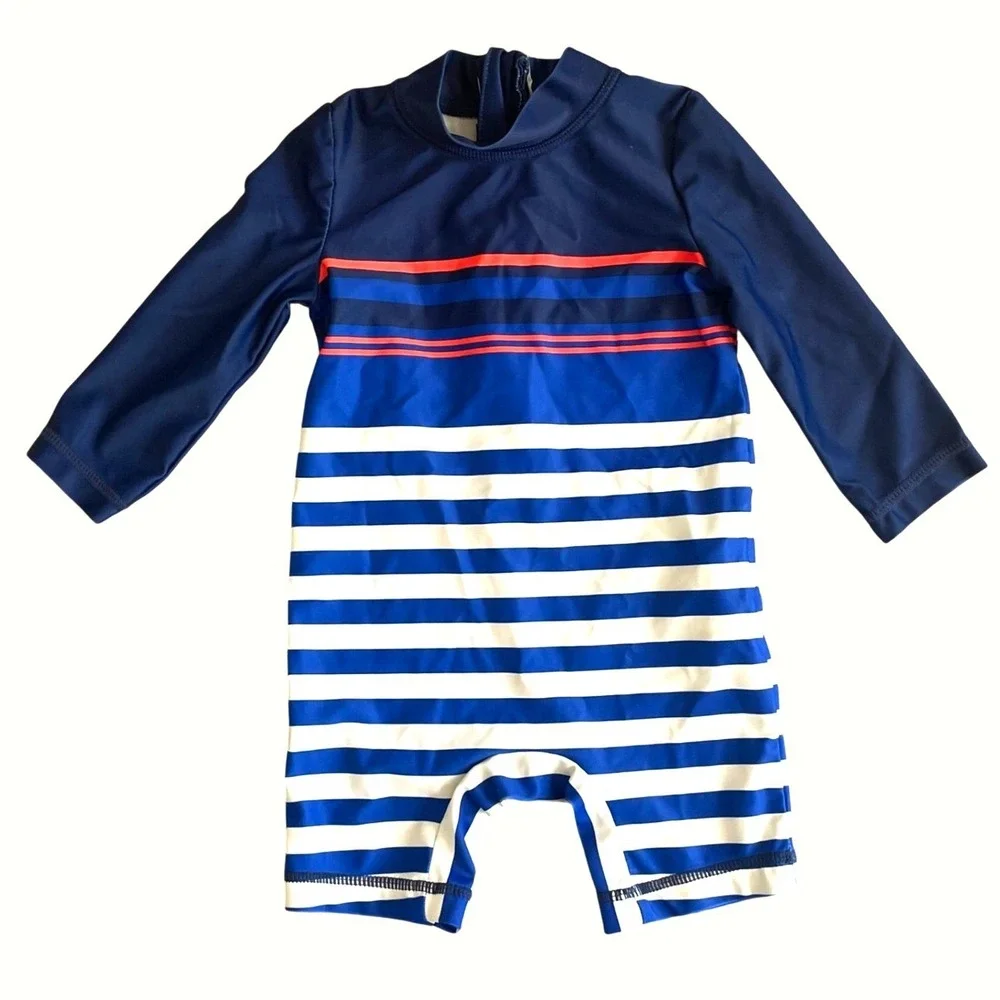 Carter's Baby Rash Guard 1-Piece Swimsuit Swim Boys 6M Blue Striped Long Sleeves